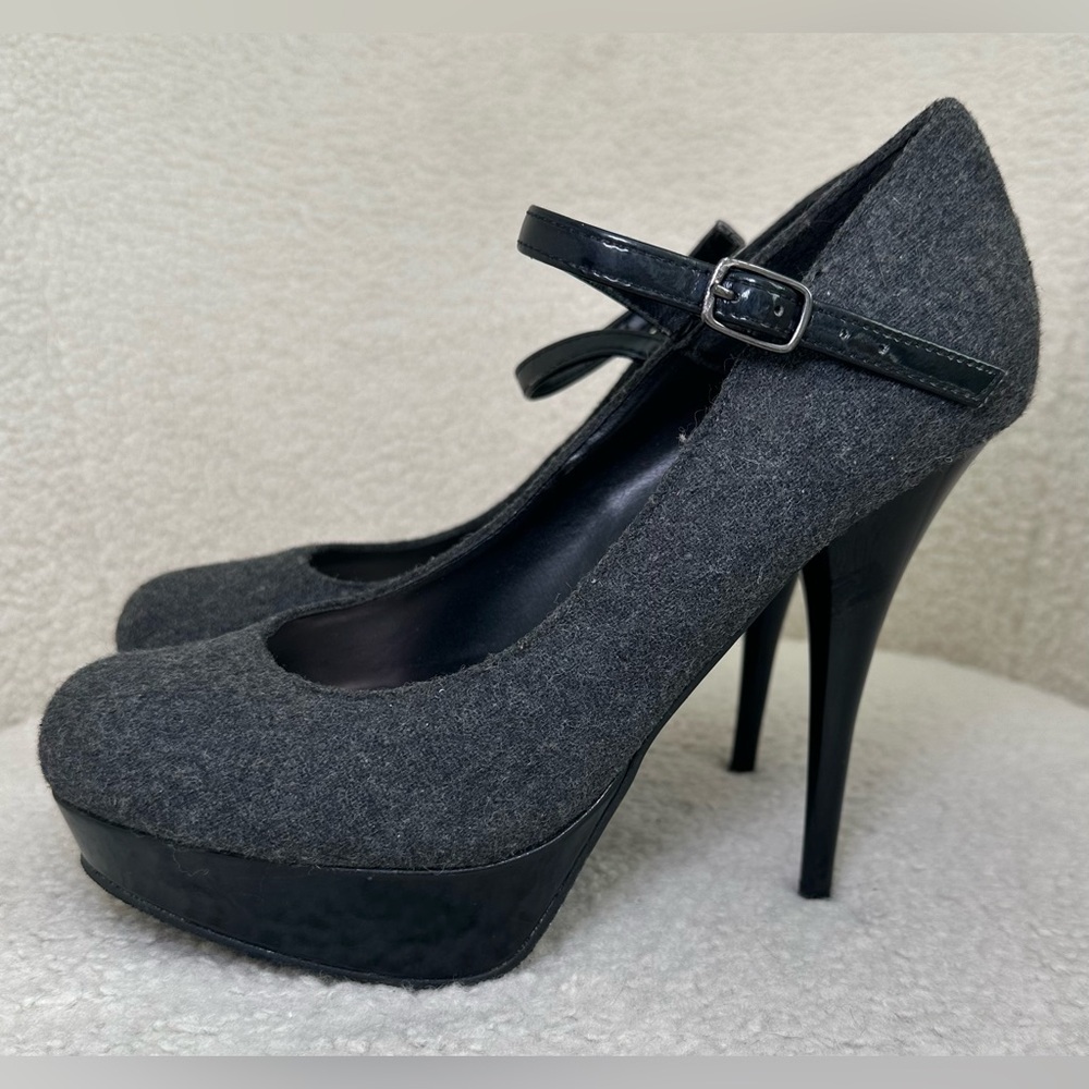 Candie’s Mary Jane Jane’s‎ high heel stiletto grey gray black fabric texture 7